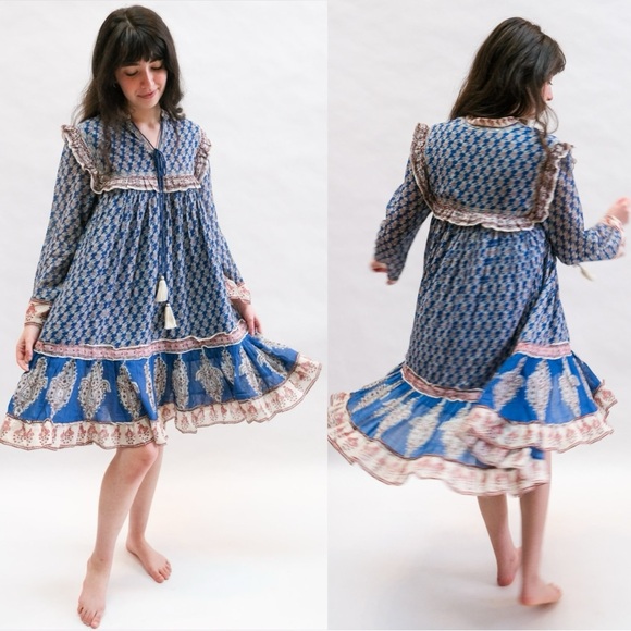 M.A.B.E Bohemian Block Print Retro 70s Gauze Madi Dress Size Small Ruffle Hippie - Picture 1 of 17